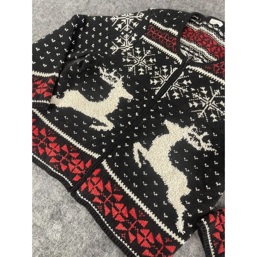 J Jill Sweater Womens Petites Large Black Deer Print Full Zip Cardigan Wool N313